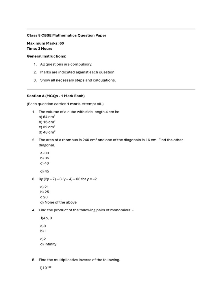 Class 8 CBSE Maths Question Paper | PDF