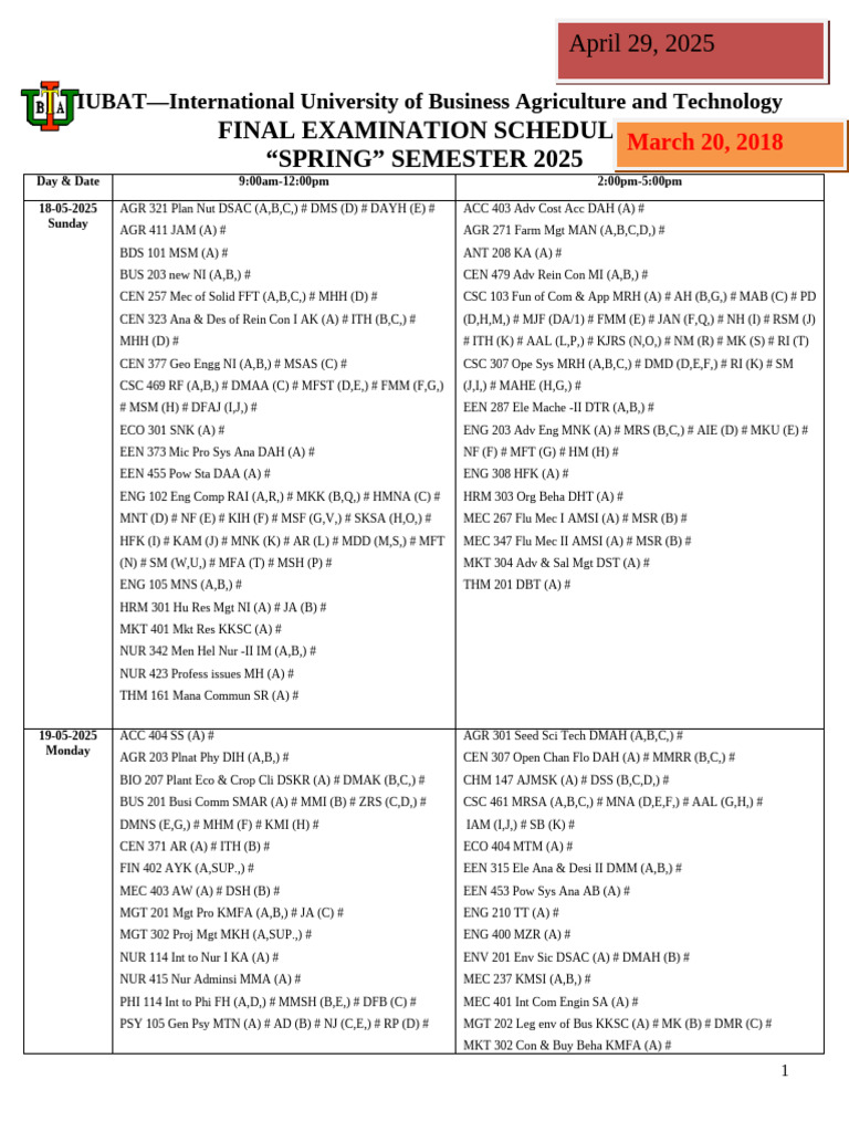Spring 2025 Final Examination Schedule | PDF