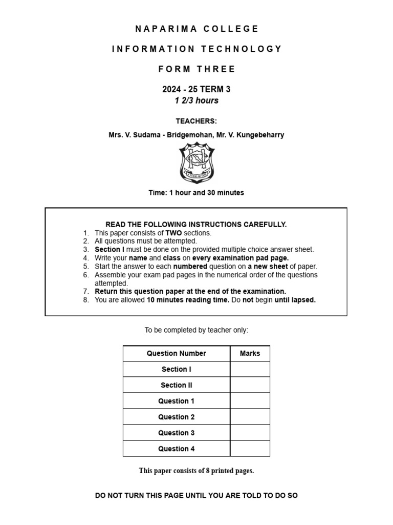 Information Technology Exam Paper 2024 | PDF | Computer Programming ...