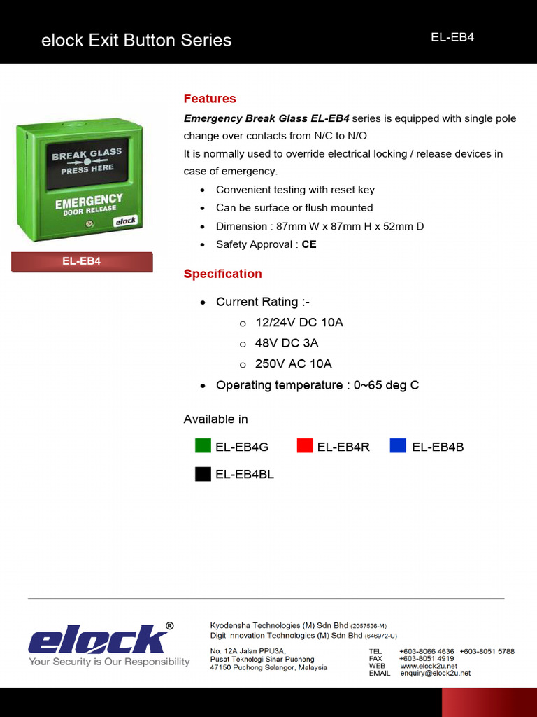 EL-EB4 Emergency Exit Button Features | PDF
