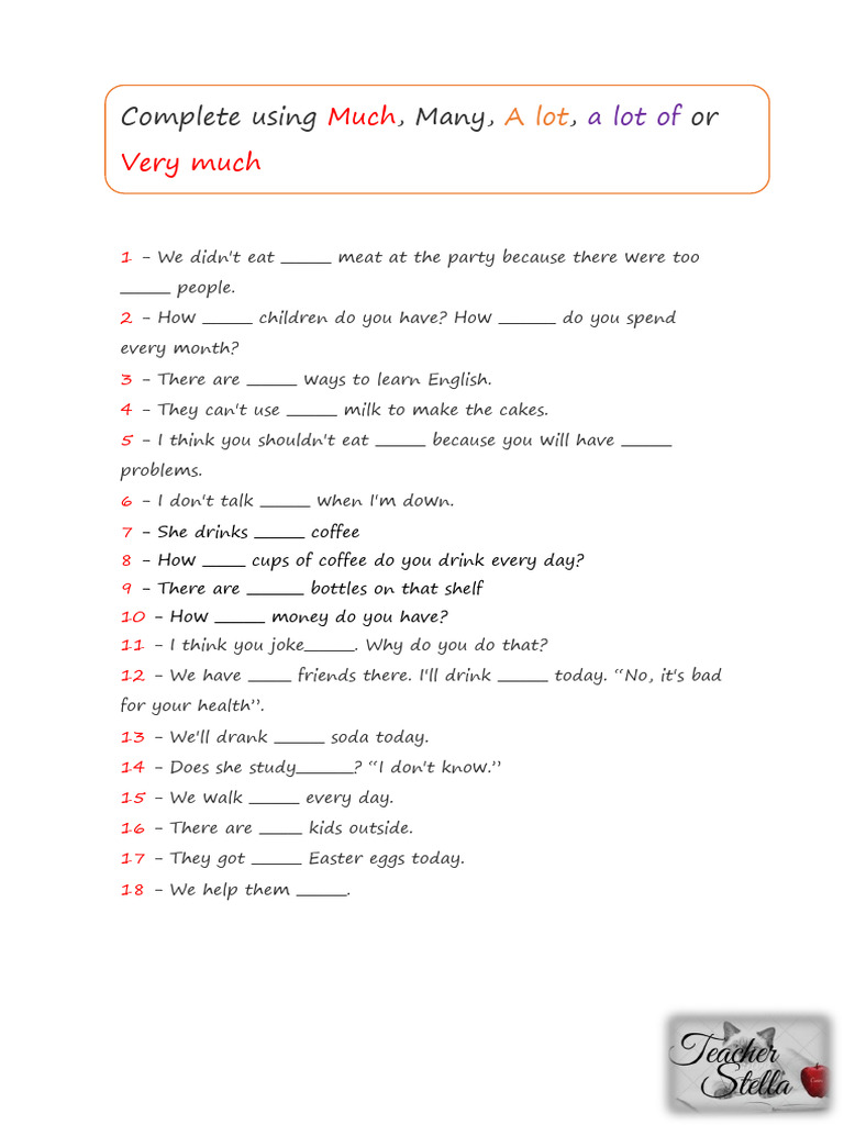 Much, Many, A Lot Exercises Worksheet | PDF