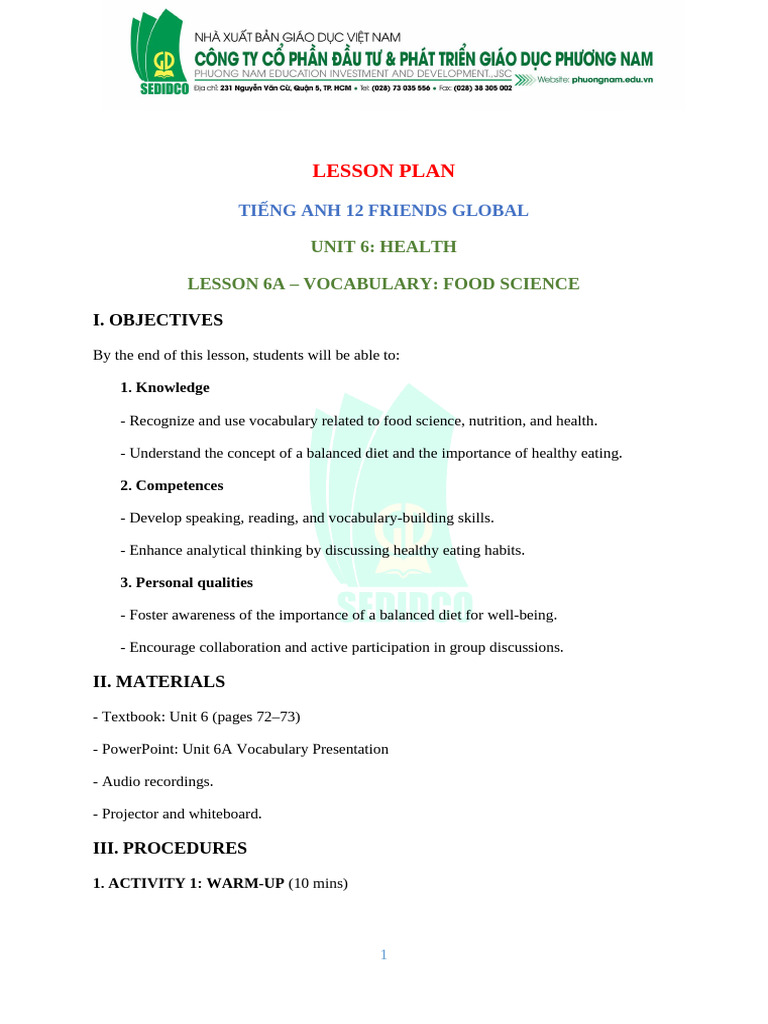 Food Science Vocabulary Lesson Plan | PDF | Reading Comprehension ...