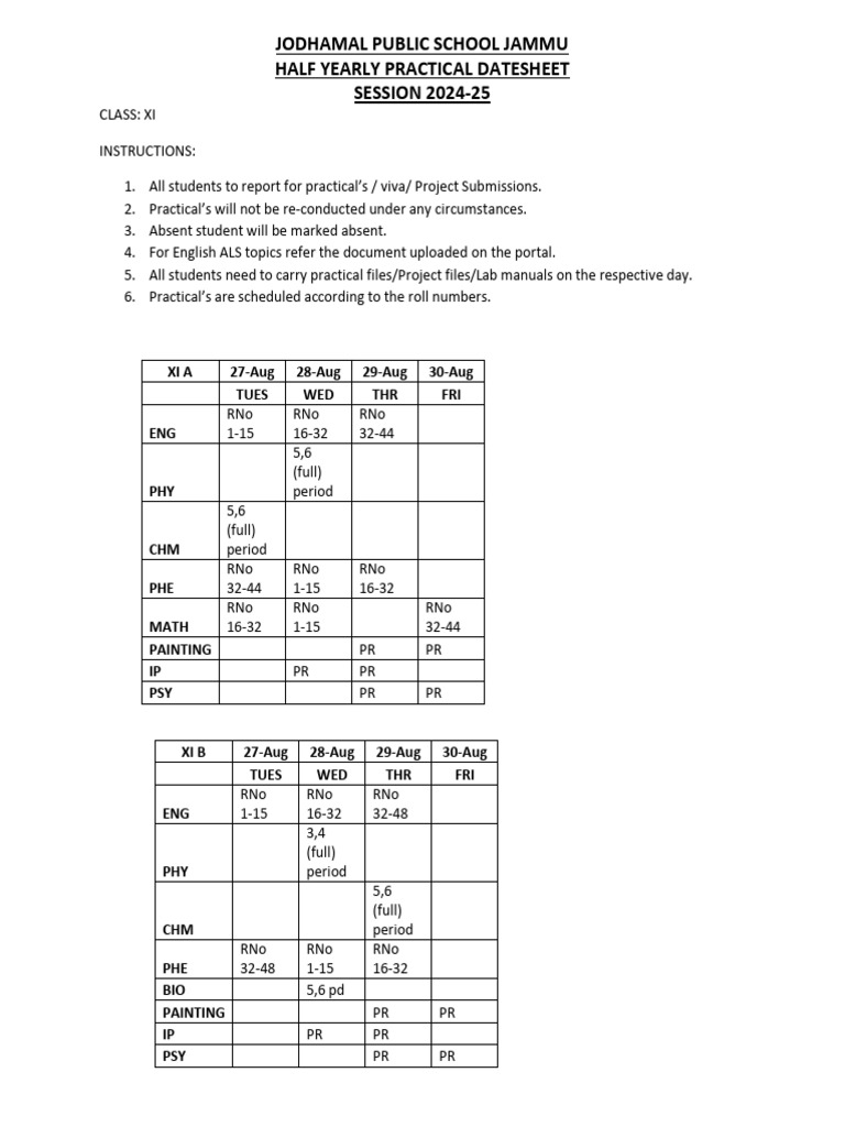 Jodhamal School Class XI Practical Dates | PDF