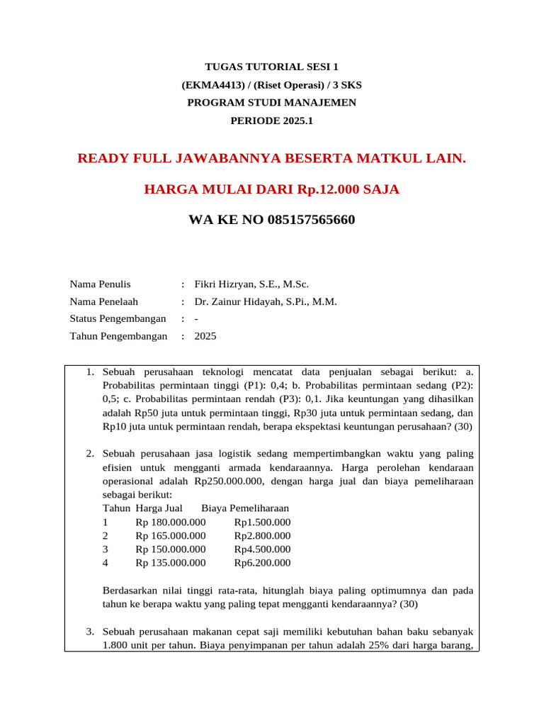 Tugas Tutorial Riset Operasi 2025.1 | PDF