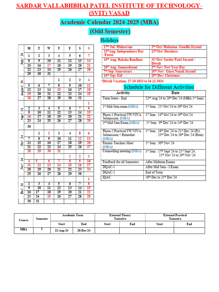 SVIT MBA Academic Calendar 2024-25 | PDF | Academic Term | Academia