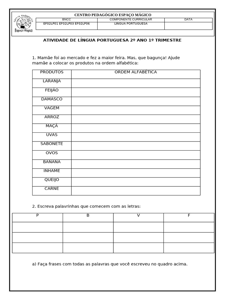 Atividades de Língua Portuguesa 2º Ano | PDF