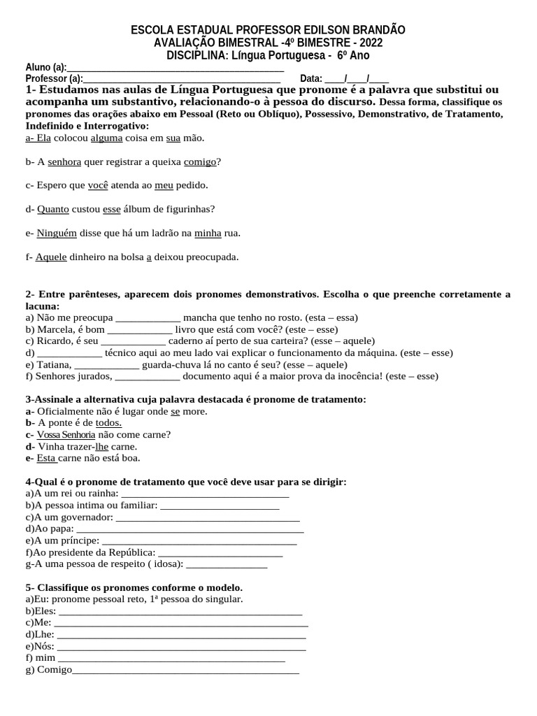 Atividade sobre Pronomes - 6º Ano | PDF | Pronome