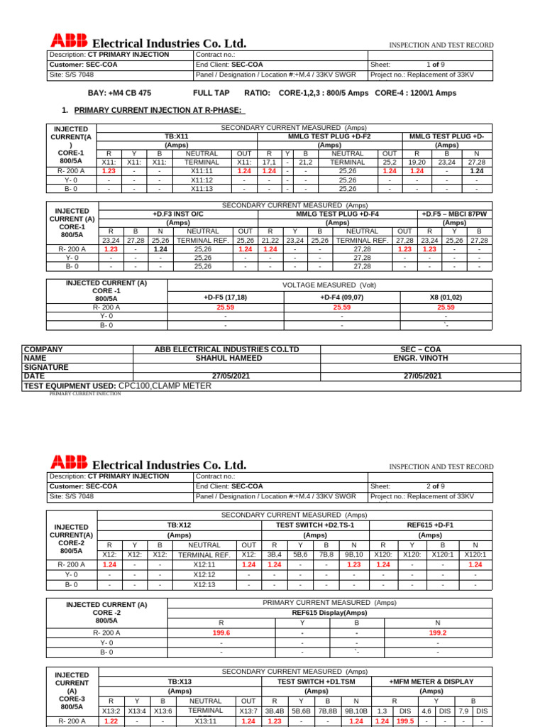 CT Primary Injection Test Record | PDF | Electrical Engineering | Equipment