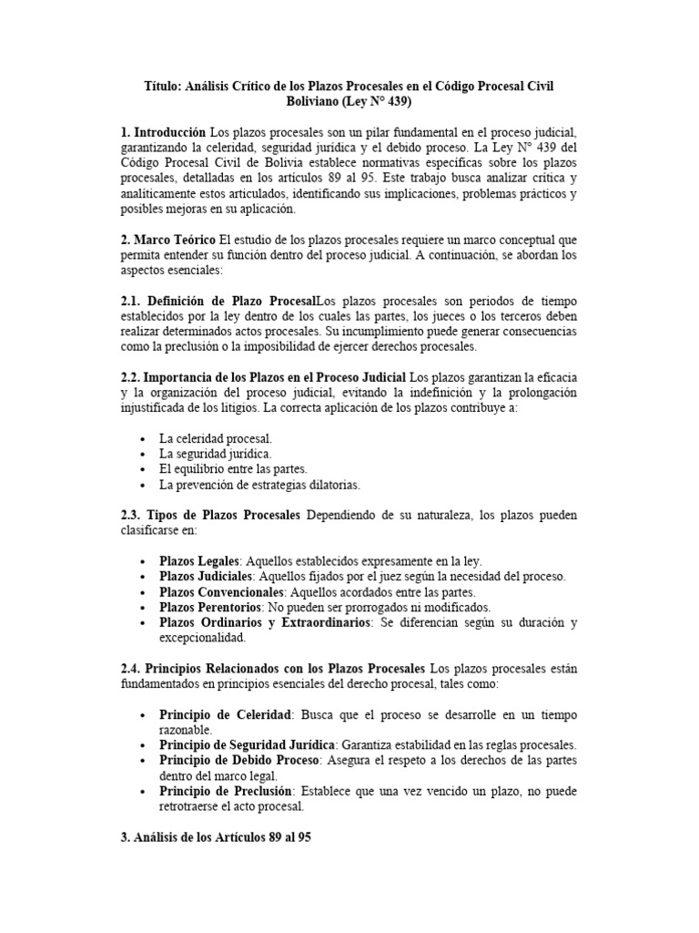 Plazos Procesales en el Código Civil Boliviano | PDF | Ley procesal ...