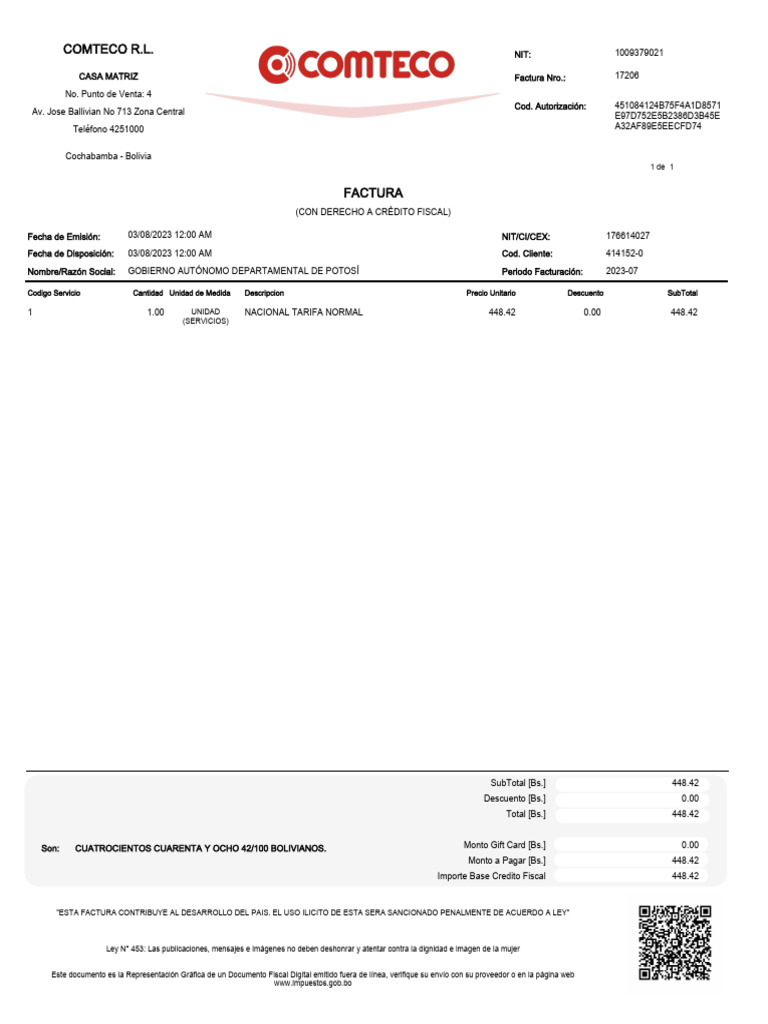 Factura Gobierno Potosí - Comteco R.L. | PDF