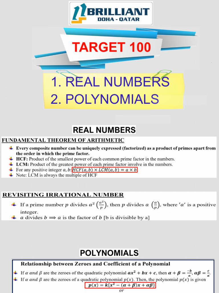 1.real Numbers and 2.polynomials Target 100 Notes | PDF
