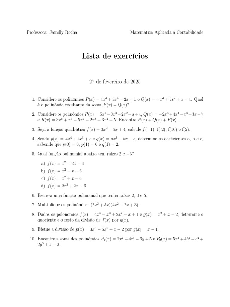 Operações com Polinômios: Exercícios | PDF