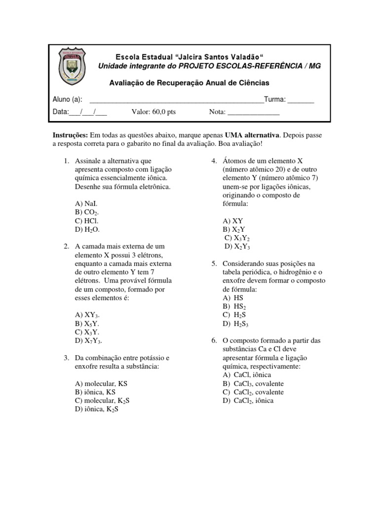 avaliação de ciências - 9 ano - recuperação | Ligação Química | Carbono