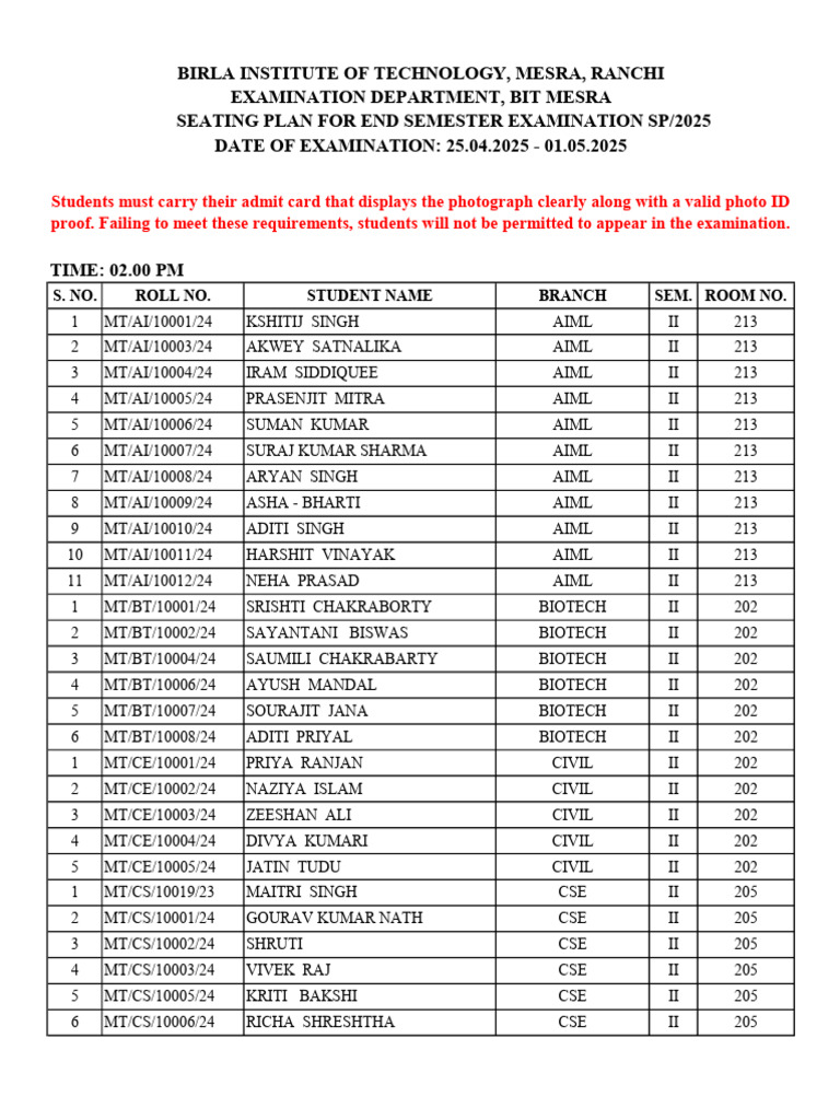 Seating Plan for End Semester Exam | PDF