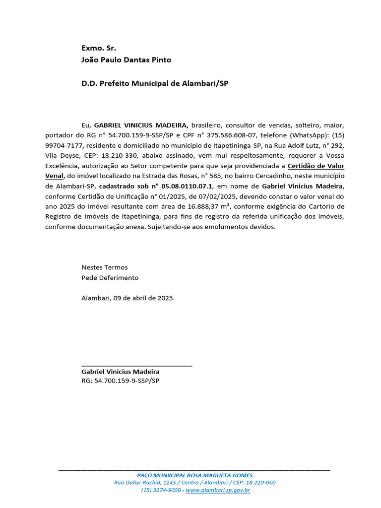 Solicitação de Certidão de Valor Venal | PDF