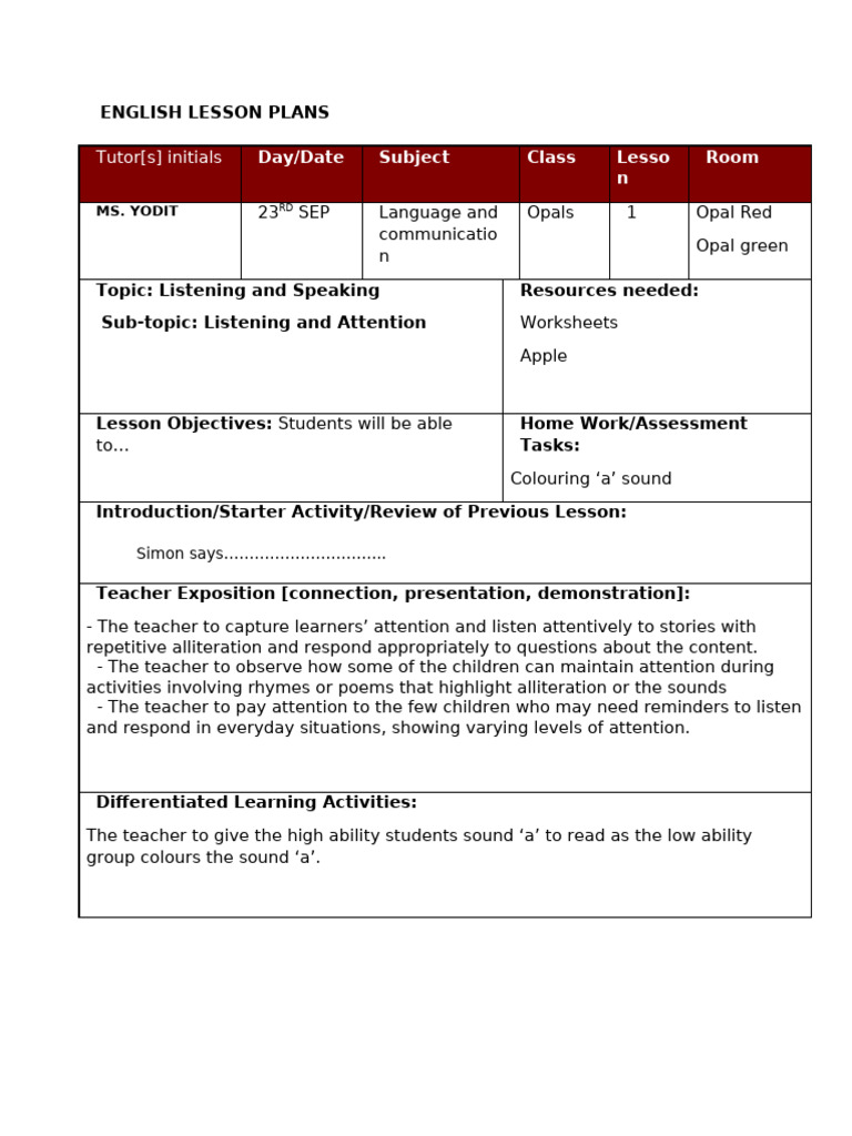 English Lesson 1 Opals | PDF