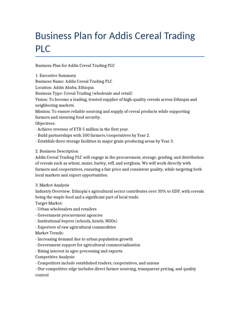 Addis Cereal Trading Business Plan | PDF | Cereals | Sales