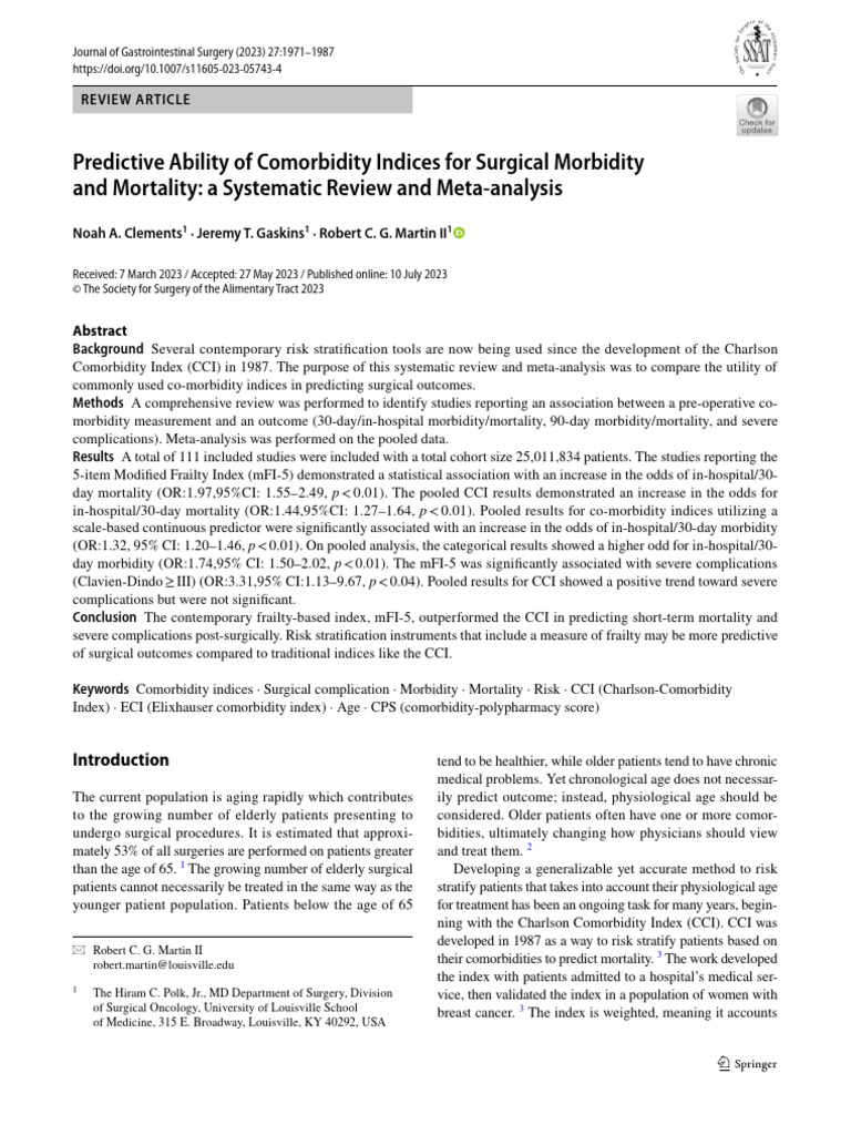 Noah A Clements Predictive Ability of Comorbidity | PDF | Comorbidity ...