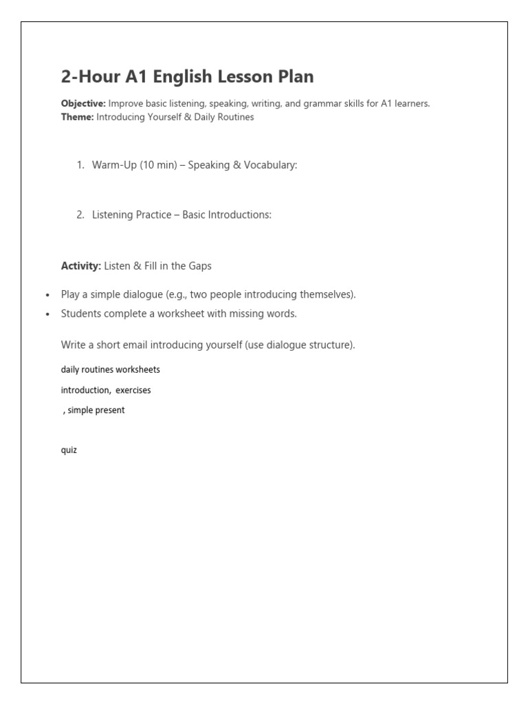 A1 English Lesson: Introductions & Routines | PDF | Linguistics | Learning