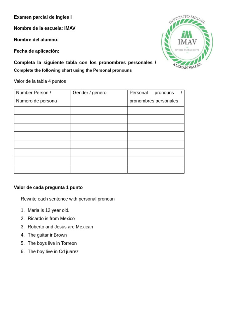 Examen Parcial de Ingles I IMAV | PDF