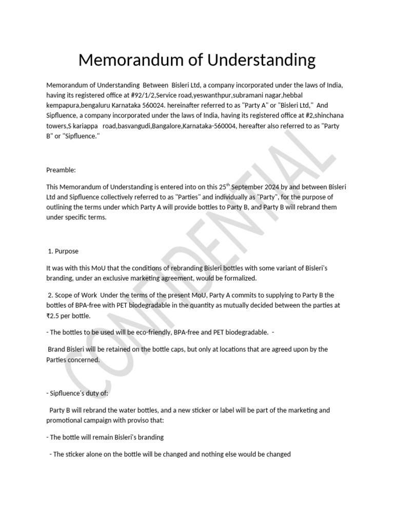 Memorandum of Understanding Between Sipfluence and Bisleri | PDF ...