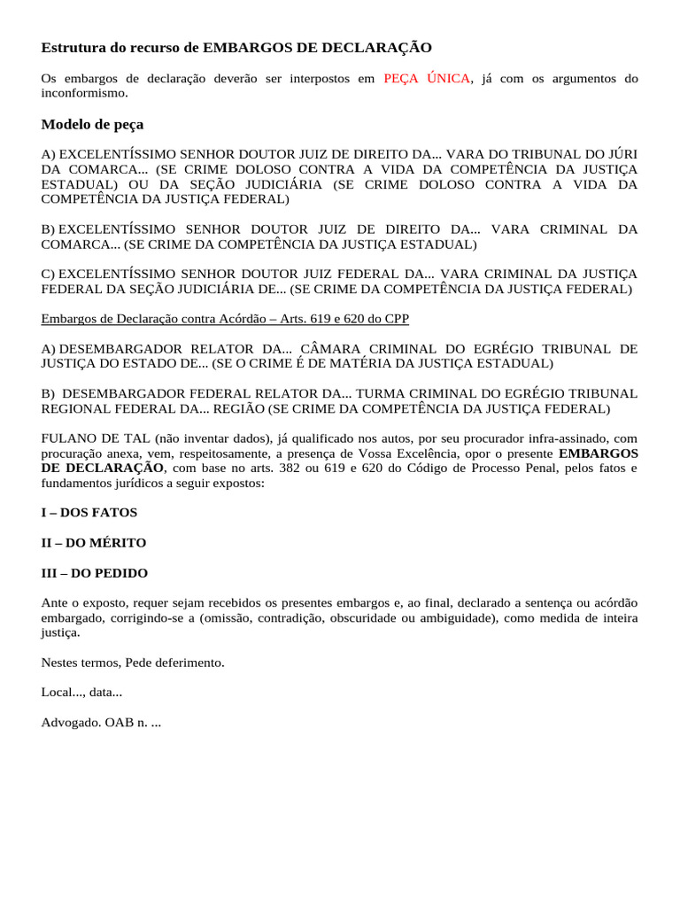 Estrutura dos Embargos de Declaração e Infringentes | PDF | Advogado ...