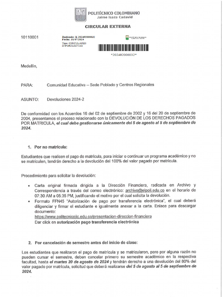 Circular 0032 de 2024 2 Devoluciones | PDF