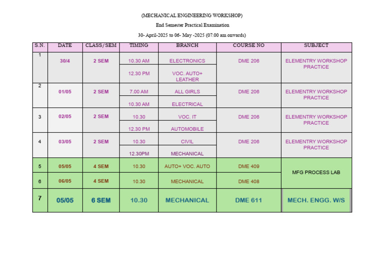 Mechanical Engineering Exam Schedule 2025 | PDF