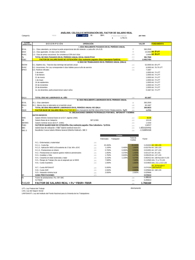 Formato - Factor Salario Real - 20 | PDF | Compensación laboral ...