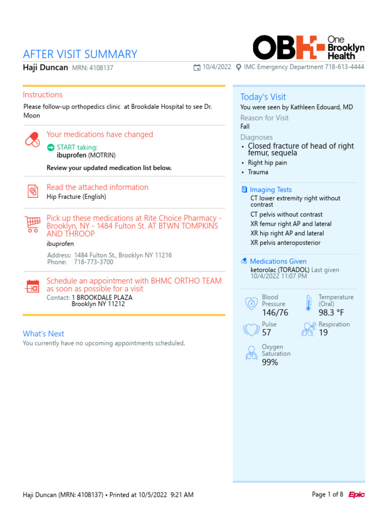 ED After Visit Summary Oct 5, 2022 | PDF | Hip | Ct Scan