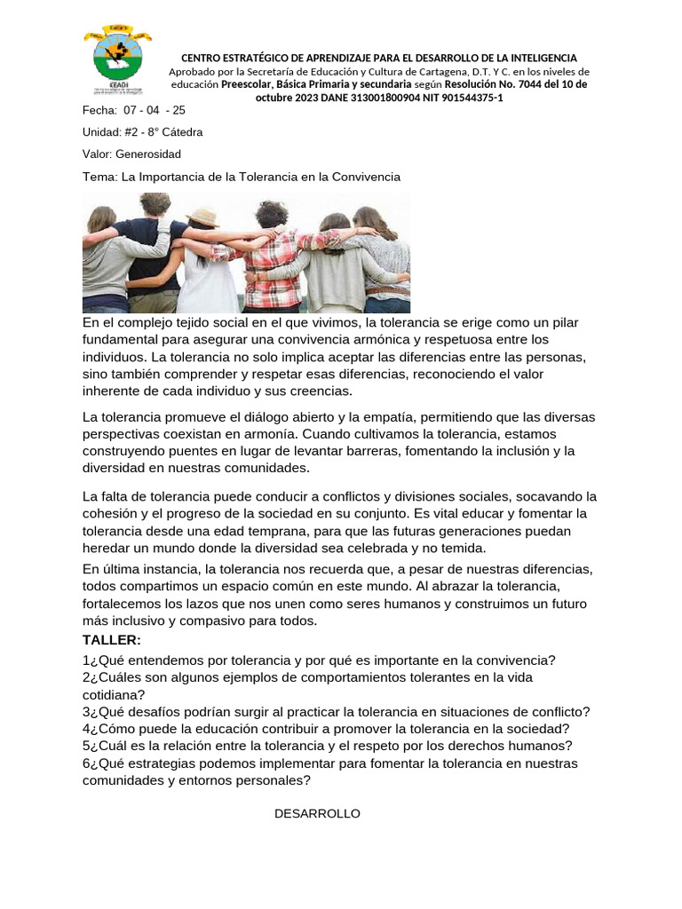 La Importancia de La Tolerancia en La Convivencia - CÁTEDRA 8° - 2025 | PDF