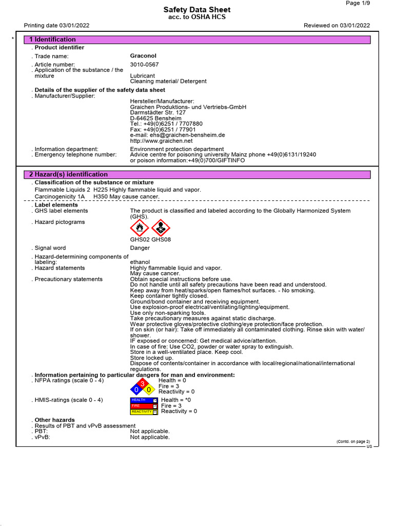 Graconol Safety Data Sheet Summary | PDF | Toxicity | Dangerous Goods