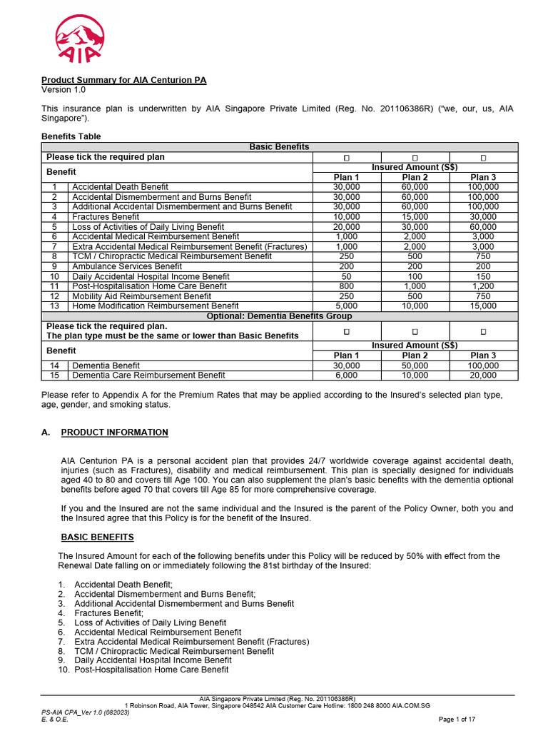 Product Summary - AIA Centurion PA | PDF | Insurance | Vertebra