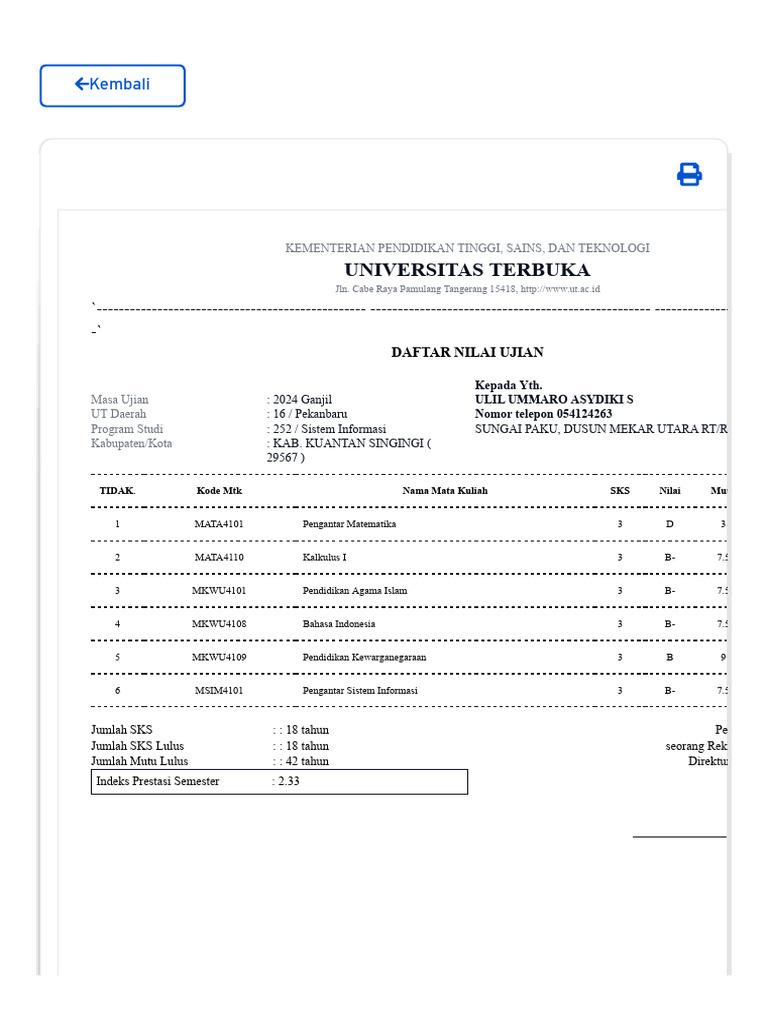 Nilai Ujian Prodi Sistem Informasi UT | PDF