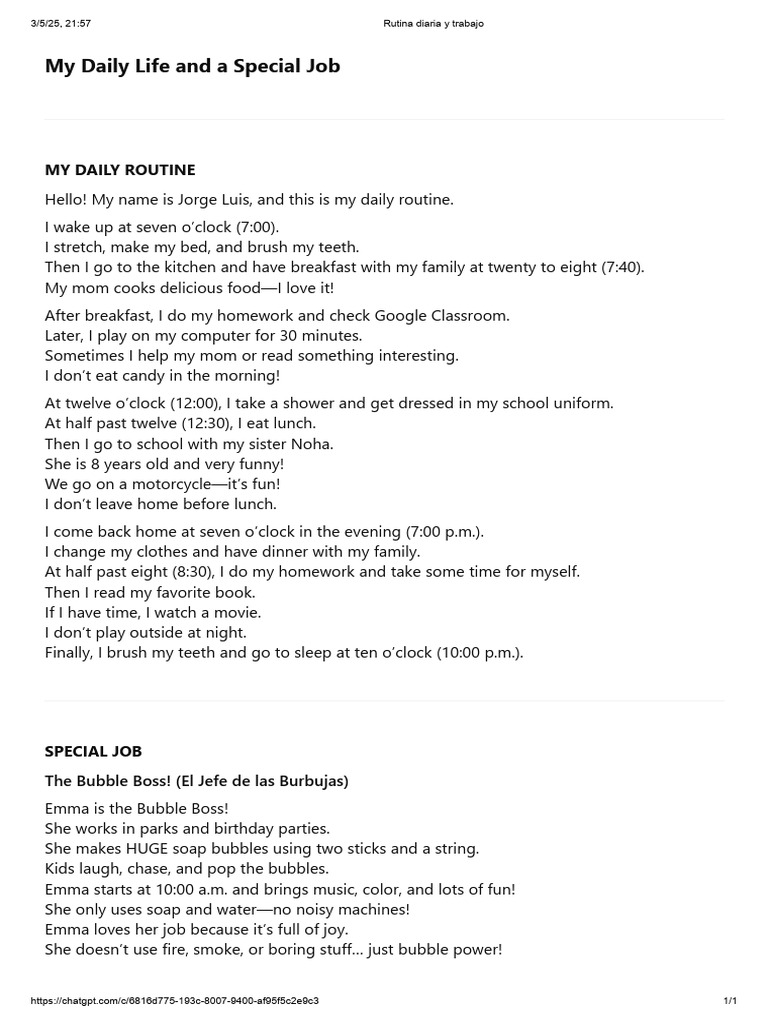 Daily Routine and Bubble Boss Job | PDF
