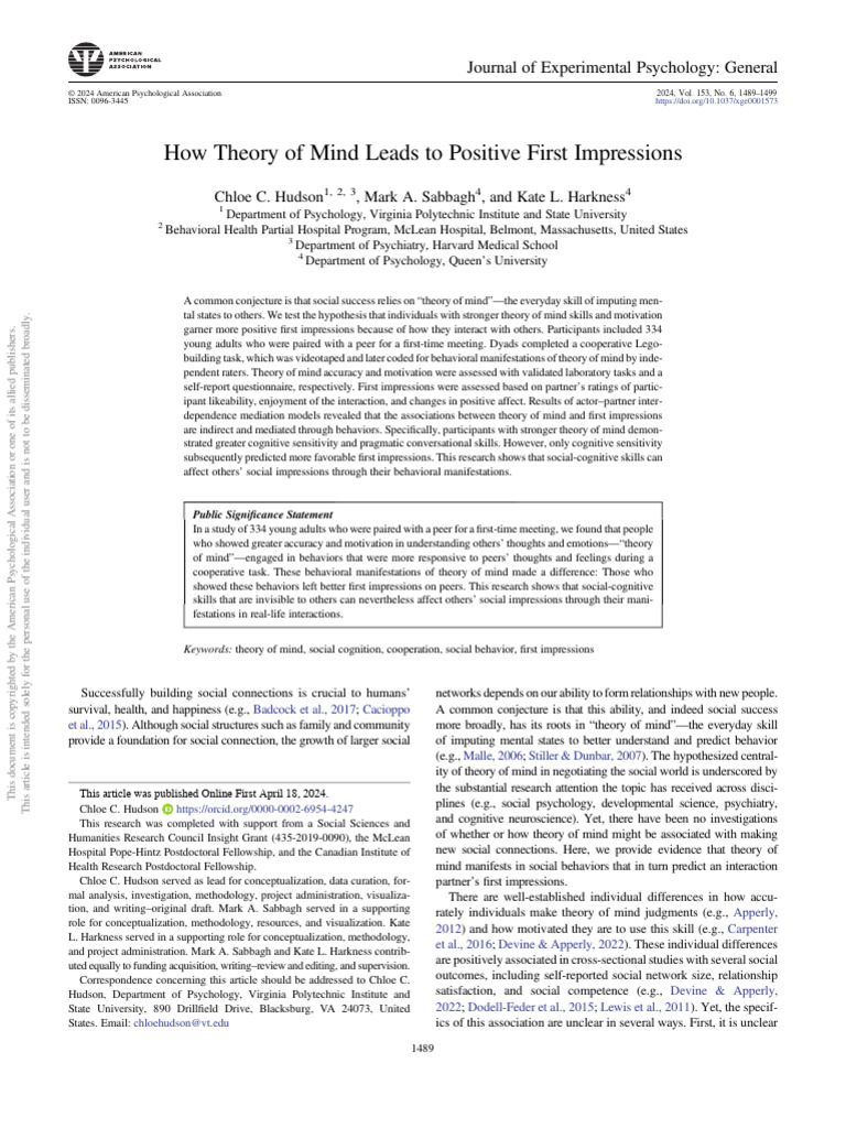 Theory of Mind and First Impressions | PDF | Theory Of Mind | Mind