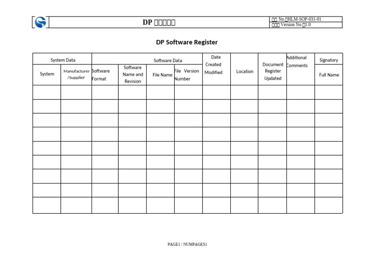 HLM-SOP-031-01 DP 软件登记表 - 010444 | PDF