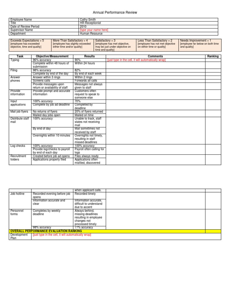 HR Receptionist Annual Performance Review