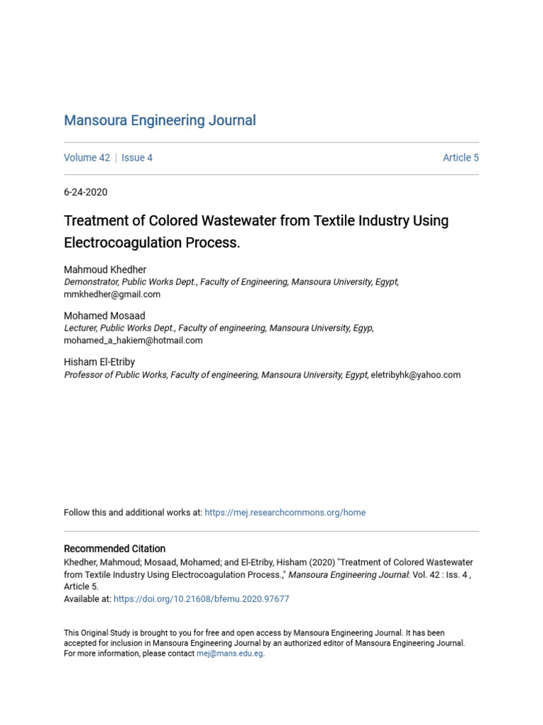 Treatment of Colored Wastewater From Textile Industry Using Elect | PDF ...