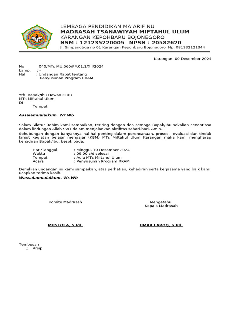 Undangan Rapat Penyusunan RKAM MTs | PDF