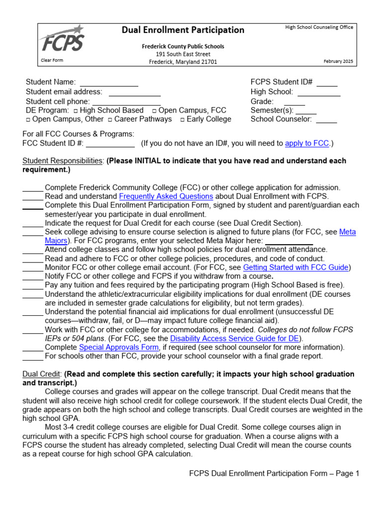 FCPS Dual Enrollment Participation Form | PDF | Educational Stages
