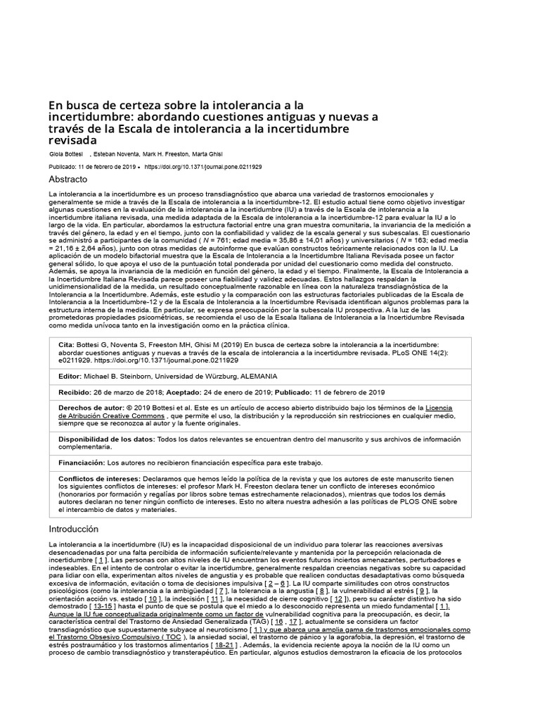 En Busca de Certezas Sobre La Intolerancia A La Incertidumbre ...
