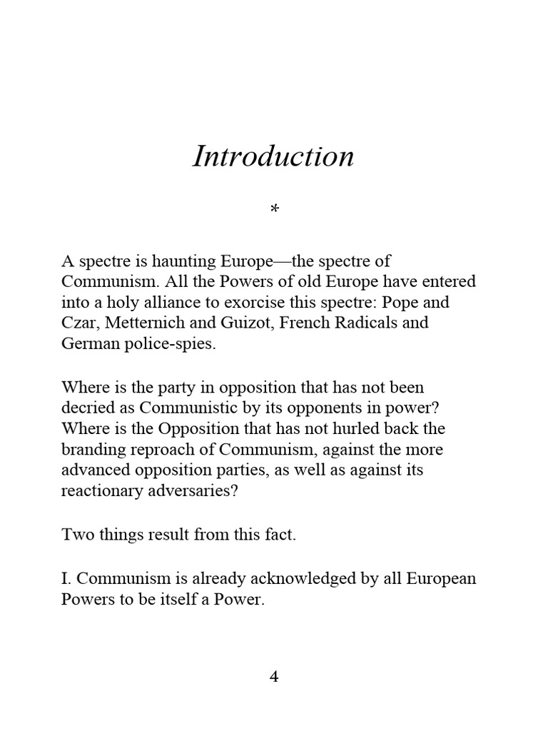 Marx And Engels Introduction In The Communist Manifesto Pdf The