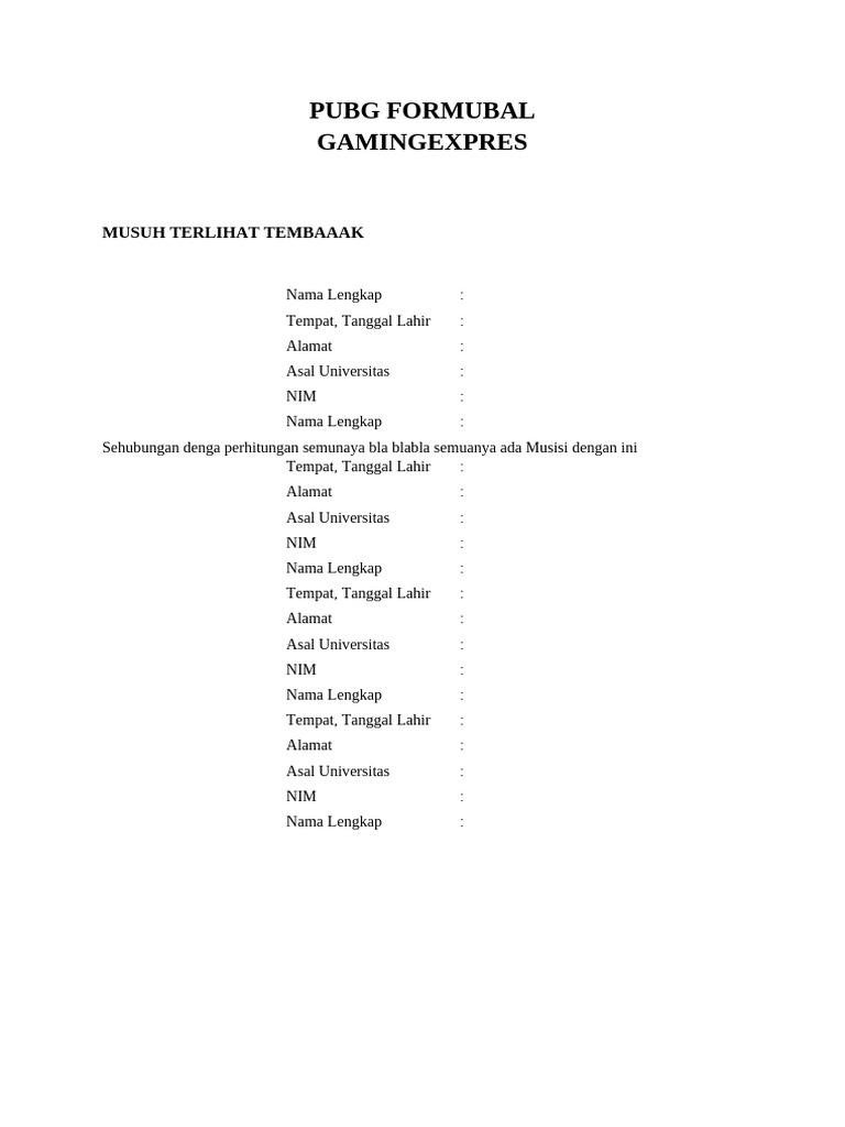 Formulir Pendaftaran PUBG Gaming | PDF