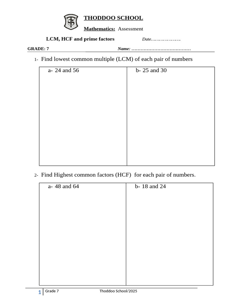 HCF and LCM Assessment for Grade 7 | PDF