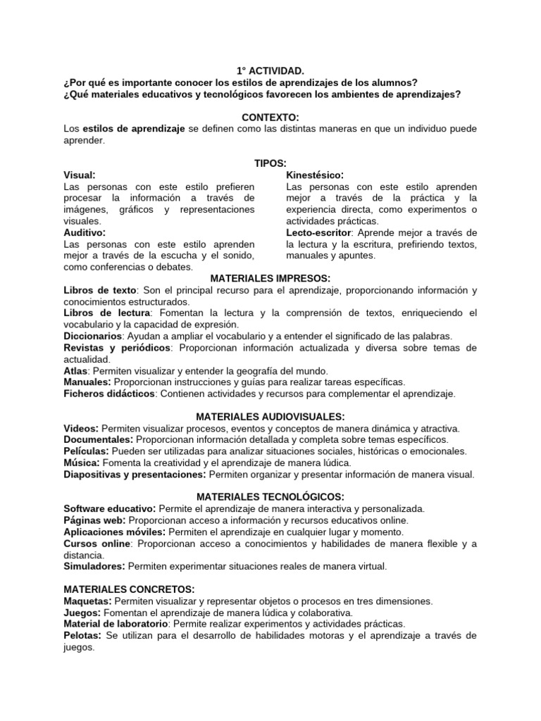 Estilos de Aprendizaje y Materiales Educativos | PDF | Aprendizaje ...