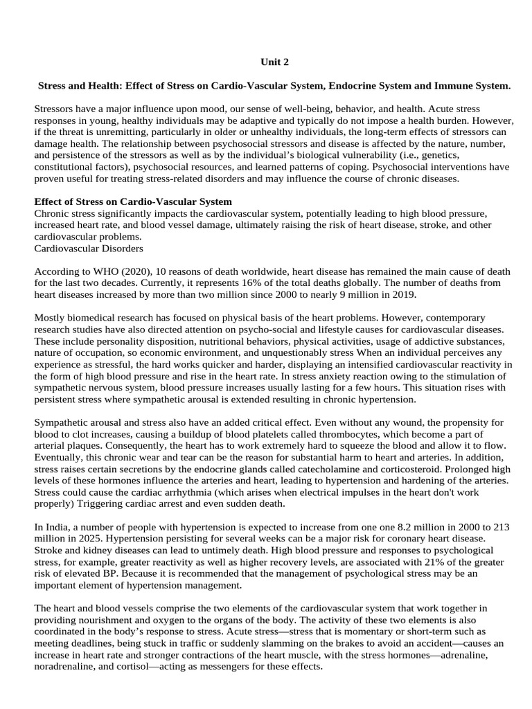 Unit 2 Stress and Health | PDF | Stress (Biology) | Cortisol