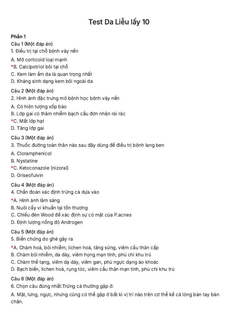 Test Da Liễu lấy 10 | PDF