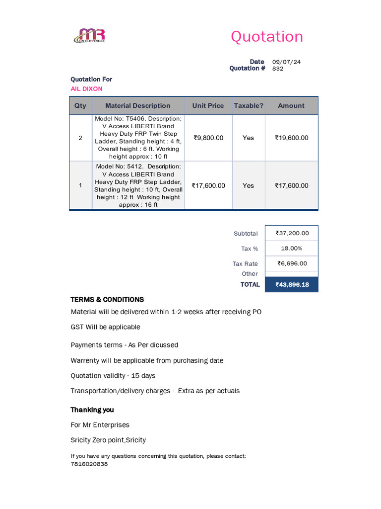Quotation for Heavy Duty FRP Ladders | PDF