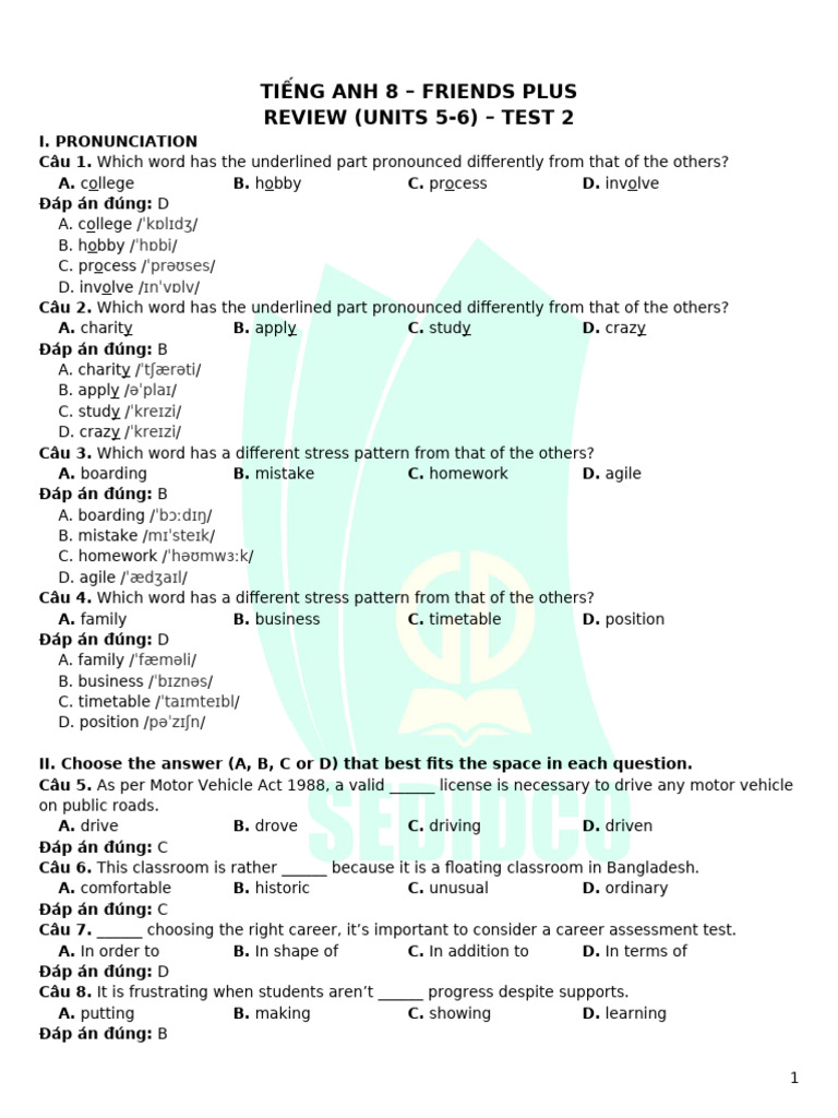 Tieng Anh 8 Friends Plus - Review 5-6 - Test 2 (Key) | PDF | Internship ...